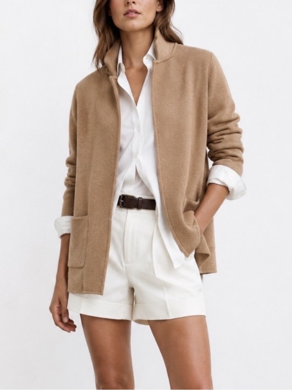 J. Crew Sophie Open Front Wool Blend Sweater Blazer Tan Camel J0244 Size XXXS